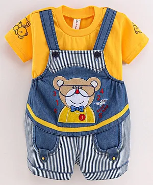 Dapper Dudes Half Sleeves Teddy Print Tee With Teddy Patch Detail Striped Dungaree - Yellow