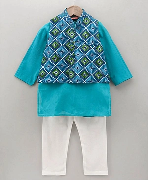 Exclusive From Jaipur Full Sleeves Kurta With Printed Jacket & Pyjama - Blue