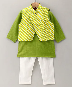 Exclusive from Jaipur Full Sleeves Solid Color Kurta & Pyjama Set With Striped Waist Coat - Green