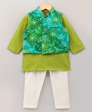Exclusive from Jaipur Full Sleeves Kurta & Pyjama With Waistcoat Floral Print - Light Green White