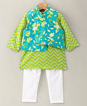 Exclusive from Jaipur Full Sleeves Printed Kurta & Pyjama Set With Floral Print Waist Coat - Green