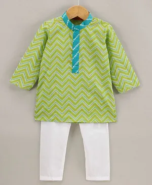 Exclusive from Jaipur Full Sleeves Chevron Kurta & Pyjama Set - Light Green White