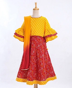 Exclusive from Jaipur Cotton Woven Bell Sleeves Ethnic Print Choli & Lehenga With Dupatta - Yellow Red