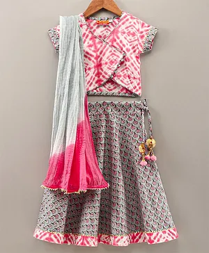 Exclusive from Jaipur Half Sleeves Choli & Lehenga With Dupatta Floral Print - Pink Grey