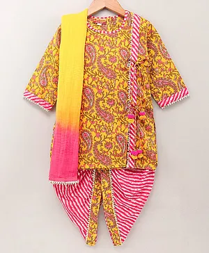 Exclusive from Jaipur Cotton Woven Full Sleeves Kurti & Dhoti Set with Dupatta Ethnic Print - Yellow