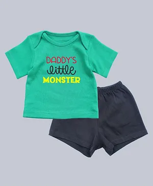 Kadam Baby Half Sleeves Daddy's Little Monster Print Tee With Shorts - Green