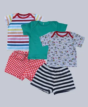 Kadam Baby Pack Of 3 Striped Solid & Printed Tees With 2 Dots & Stripes Print Shorts - Multi Color