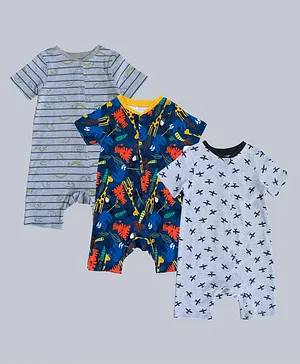 Kadam Baby Pack Of 3 Half Sleeves Helicopter & Animals Printed Romper - Multi Colour