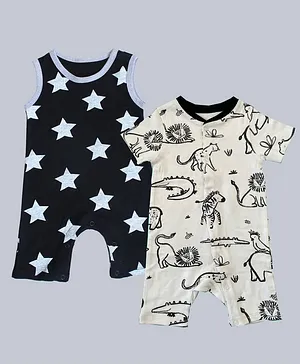 Kadam Baby Set of 2 Half Sleeves Star & Animal Printed Rompers - Black & White