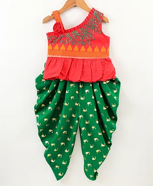 Twisha Sleeveless Embellished Top & Printed Dhoti Pants Set - Rust & Green