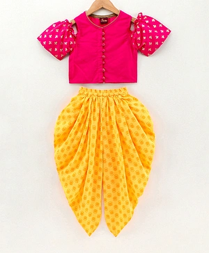 Twisha Cold Shoulders Half Sleeves Printed Top & Dhoti Pants Set - Pink & Yellow