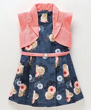 Enfance Sleeveless Floral Printed Dress With Short Sleeves Self Design Shrug - Peach Navy Blue