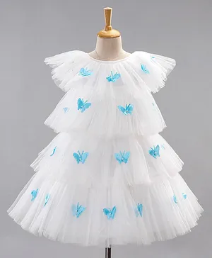Enfance Short Sleeves Butterfly Applique Embellished Layered Dress - White