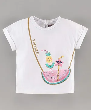 Little Kangaroos Half Sleeves Cotton Top with Fruits Themed Glitter Print - White