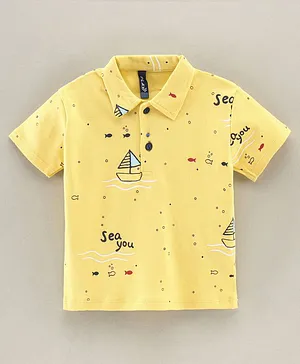 Little Kangaroos Half Sleeves T-Shirt Boat Print - Yellow