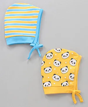 Babyhug 100 % Cotton Tie-Knot Cap Printed Blue Yellow Pack of 2 - Diameter 15 cm