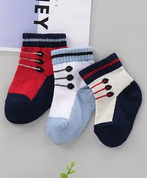 Cute Walk by Babyhug Cotton Knit Regular Length Antibacterial Socks Shoe Lace Design Pack Of 3 - Multicolour