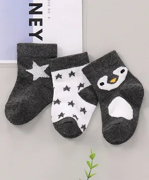 Cute Walk by Babyhug Cotton Knit Regular Length Antibacterial Socks Star & Penguin Design Pack Of 3 - Multicolour