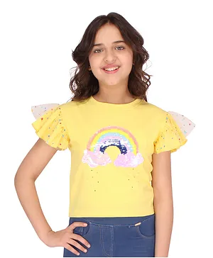 Cutecumber Short Sleeves Rainbow Shaped Sequin Patch Embellished Glitter Stars Print Sleeves Top - Yellow