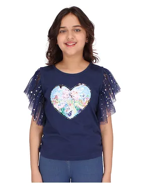 Cutecumber Half Sleeves Embellished Heart Shaped Sequin Patch Top - Navy Blue
