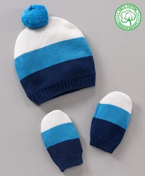 Babyhug 100% Organic Cotton Woollen Cap And Mittens Set Blue - Diameter 9.5 cm