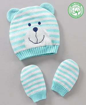 Babyhug 100% Organic Cotton Woollen Cap And Mittens Set Striped Aqua - Diameter 9.5 cm