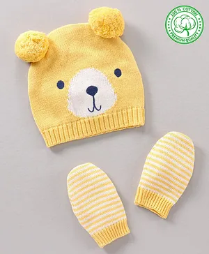 Babyhug 100% Organic Cotton Woollen Cap And Mittens Yellow - Cap Diameter 8.5 cm