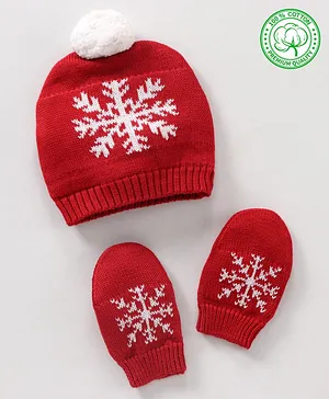 Babyhug 100% Organic Cotton Woollen Cap and Mittens Set Red - Diameter 10 cm