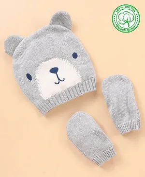 Babyhug 100% Organic Cotton Woollen Cap & Mittens Set Bear Design Grey - Diameter 10 cm