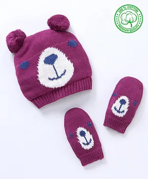 Babyhug 100% Organic Cotton Woollen Cap And Mittens Set Bear Face Print Purple - Diameter 10 cm