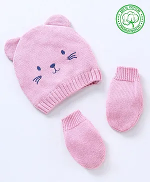 Babyhug 100% Organic Cotton Woollen Cap And Mittens Set Kitty Face Print Pink - Diameter 10 cm