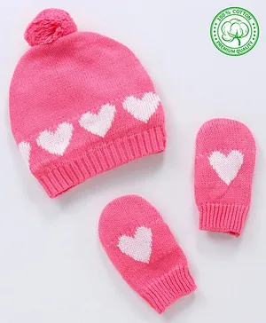 Babyhug 100% Organic Cotton Woollen Cap and Mittens Set Heart Print Pink - Diameter 10 cm