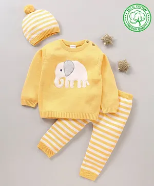 Babyhug 100% Organic Cotton Full Sleeves Sweater Set With Cap Stripes Design & Elephant Patch - Yellow