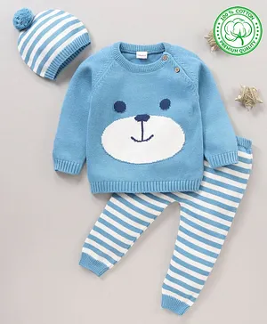 Babyhug 100% Organic Cotton Full Sleeves Sweater Set With Cap Stripes Design & Animal Patch - Blue