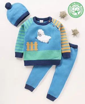 Babyhug 100% Organic Cotton Full Sleeves Sweater Set With Cap Stripes Design & Sheep Patch - Blue