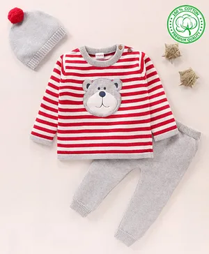 Babyhug 100% Organic Cotton Full Sleeves Striped Baby Sweater Set with Cap Bear Patch - Red Grey