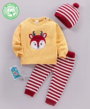 Babyhug 100% Organic Cotton Knit Full Sleeves Sweater Set With Cap Stripe Design & Animal Patch - Yellow Maroon