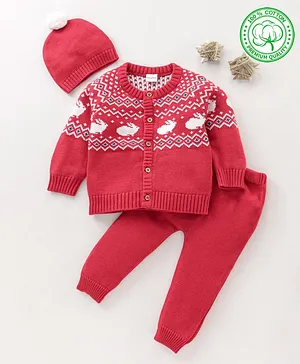Babyhug 100% Organic Cotton Full Sleeves Baby Sweater Sets Intarsia Design With Cap - Red