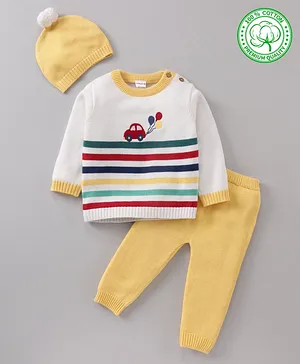 Babyhug 100% Organic Cotton Knit Full Sleeves Striped Sweater Set with Cap - Off White Yellow
