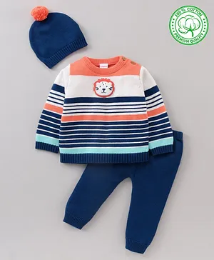 Babyhug 100% Organic Cotton Full Sleeves Baby Sweater Set With Cap Stripes Design- Multicolor