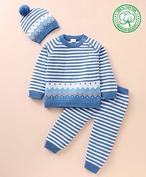 Babyhug 100% Organic Cotton Full Sleeves Baby Sweater Set With Cap Stripes Design- Blue