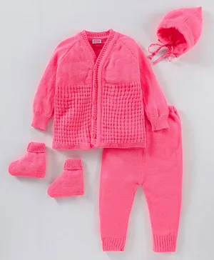 Babyhug Acrylic Cotton Full Sleeves Solid Sweater Set - Dark Pink