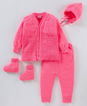 Babyhug Cotton Full Sleeves Solid Sweater Set - Dark Pink