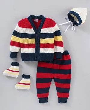 Babyhug Acrylic Cotton Full Sleeves Striped Sweater Set - Multicolour
