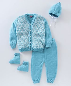 Babyhug Full Sleeves Sweater Set With Cap Color Block- Blue