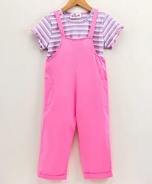 M'andy Half Sleeves Striped Tee & Solid Jumpsuit Set - Pink