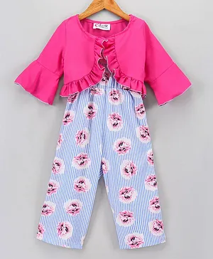 M'andy Sleeveless Striped Rose Print Jumpsuit With Shrug - Pink Blue