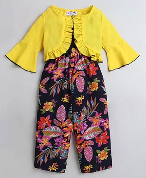 M'andy Floral Print Jumpsuit With Full Sleeves Shrug  - yellow