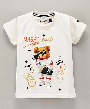 Noddy Half Sleeves NASA Rocket Print T Shirt - White