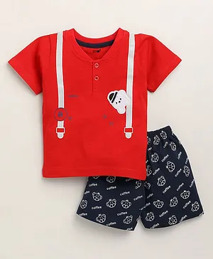 TOONYPORT Half Sleeves Bear Embroidered Tee & Shorts Set - Red